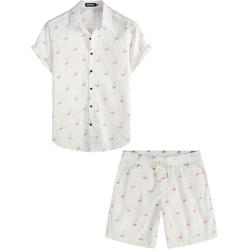 VATPAVE Hawaiian Shirt & Short Set NEW Flamingos 100% Cotton LARGE